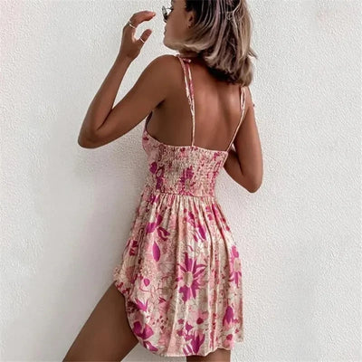 hirigin Floral Boho Elegant Dress Women Pink Flower Print Bohemian Beach Style Summer Mini Dress Ruffled Backless Sundress 2022