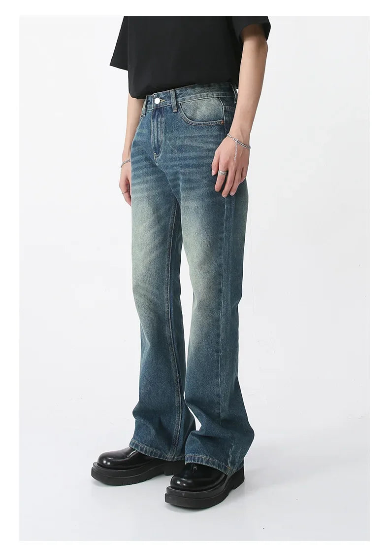 Jeans Denim Pants Men Long Flare Pant Straight Trousers High Waist Casual Regular Pockets Slim Fit Splice Simple Autumn 2024