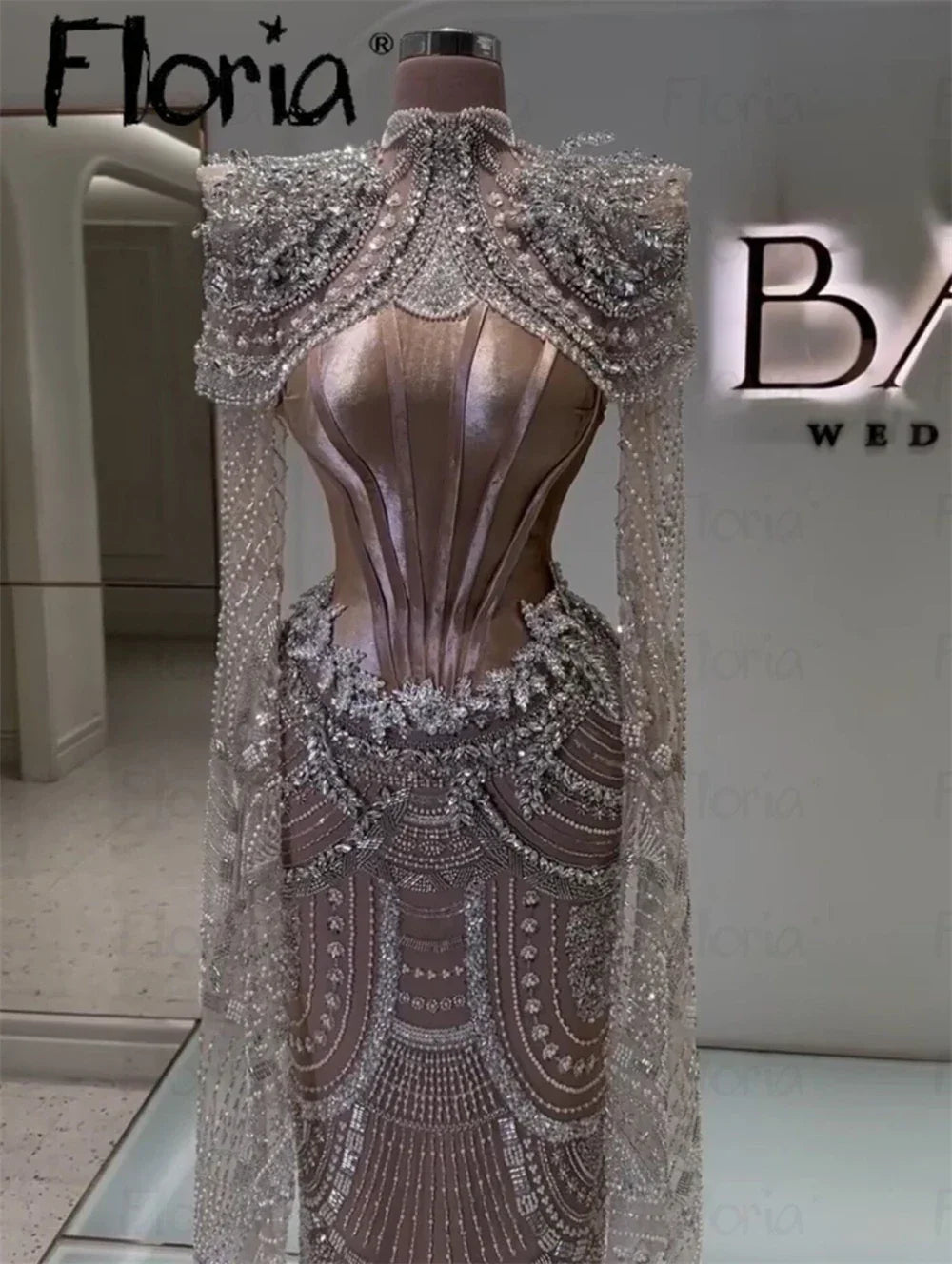Floria Muslim Duabi Prom Dress With Long Cape Sleeve Middle East Sheath Wedding Party Night Gowns Plus Size Robe Soirée Female