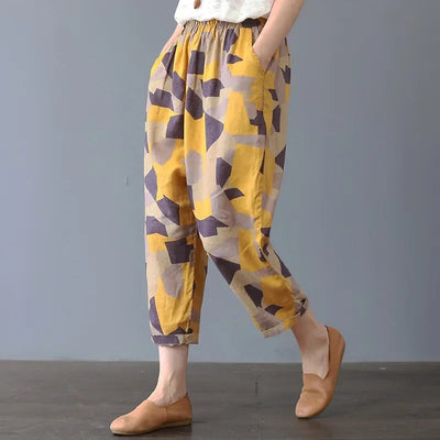 Casual Wide Leg Pants Women Summer Harem Pants for Women Retro Fashion Print Loose Cotton Linen Pants Printed Ankle-Length Pants