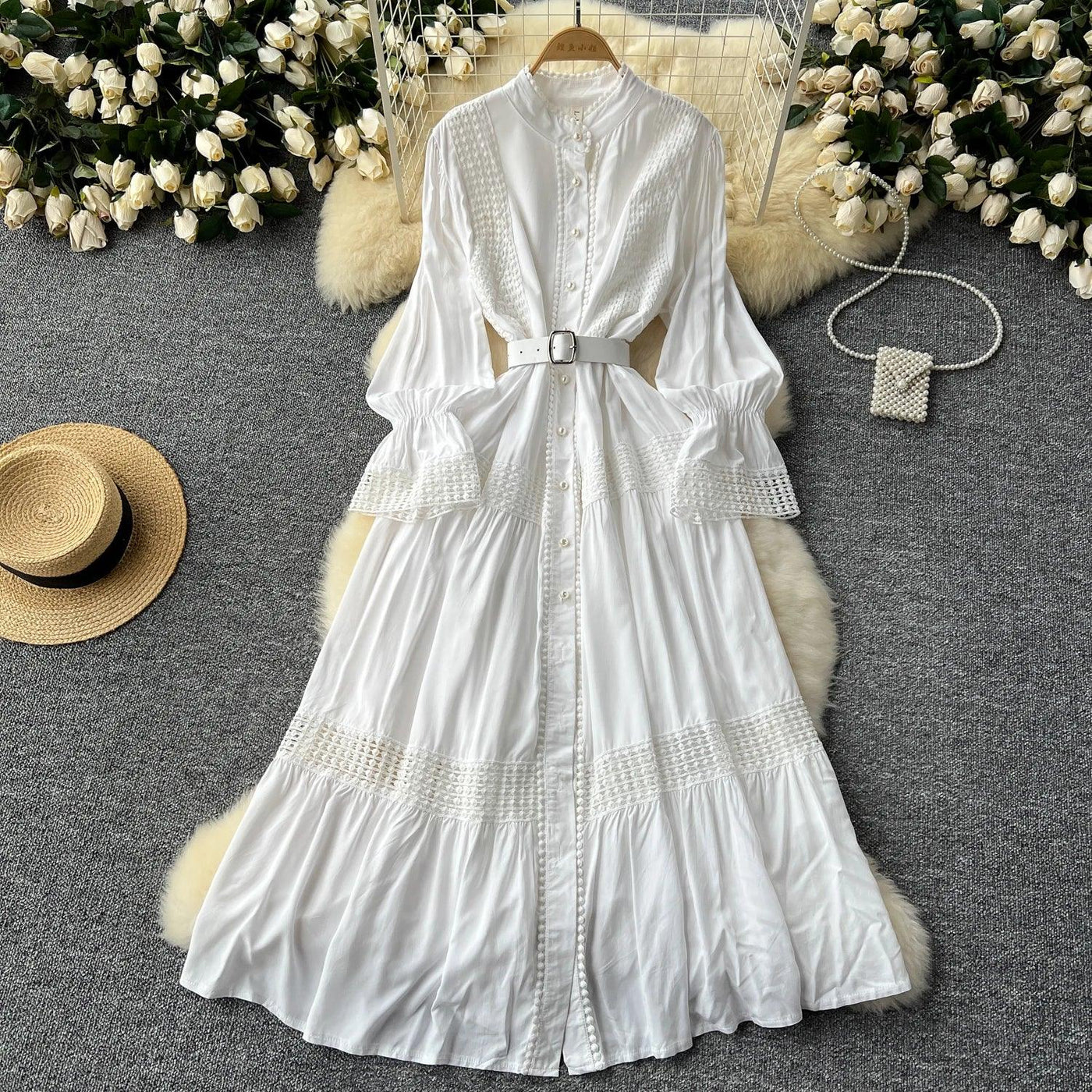 Retro Elegant Summer Stand Collar Flare Sleeve Single Breasted Lace Spliced Dress A-line French Evening Party Women Dresses
