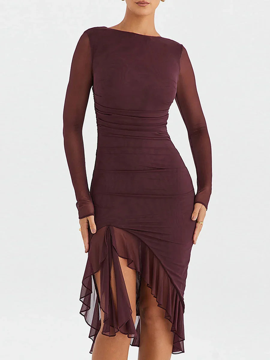 Women Midi Dress Long Sleeve Irregular Mesh Ruffles Mermaid Dress Sexy Backless Party Cocktail Dress