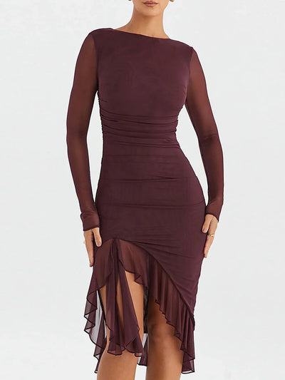 Women Midi Dress Long Sleeve Irregular Mesh Ruffles Mermaid Dress Sexy Backless Party Cocktail Dress