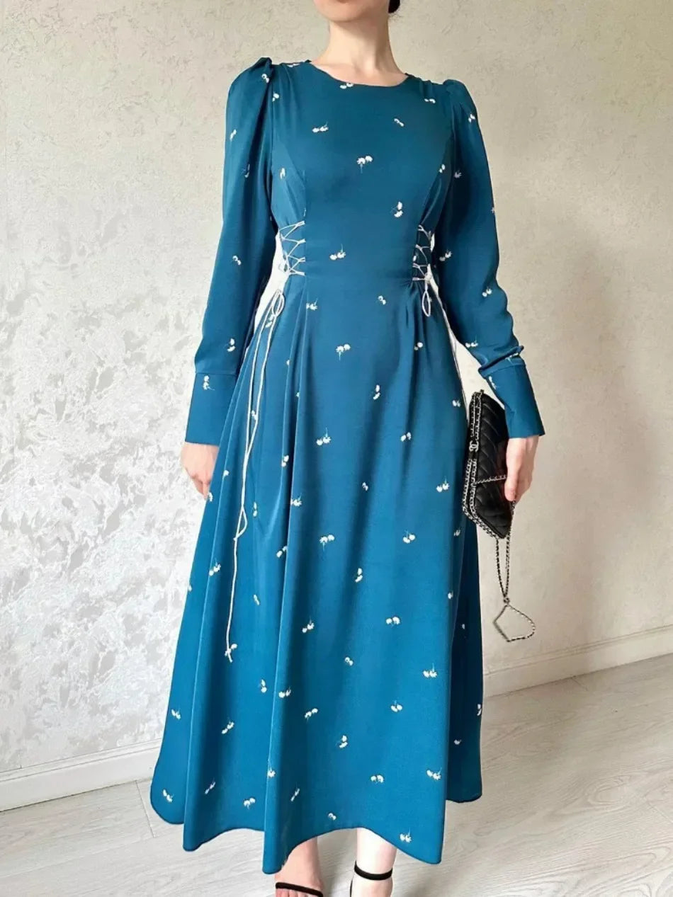 Elegant Dresses for Women 2025 Spring Summer New Long Sleeve O Neck Dress Fashionable Slim Fit Lace Up Lower Back Evening Dress