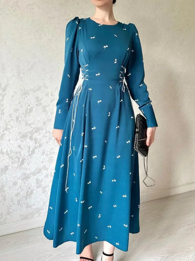 Elegant Dresses for Women 2025 Spring Summer New Long Sleeve O Neck Dress Fashionable Slim Fit Lace Up Lower Back Evening Dress