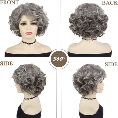 Short Curly Wigs for Women Synthetic Hair Grey Wig with Side Bangs Ombre Color Gray Wigs for Lady Dress Up Costume Party Cosplay