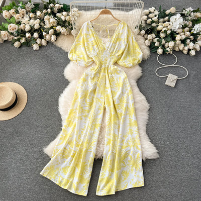 V Neck Sexy Dolman Sleeves Waist Slim Polka Dot Print Jumpsuit Women Wide Leg Trousers Jumpsuit