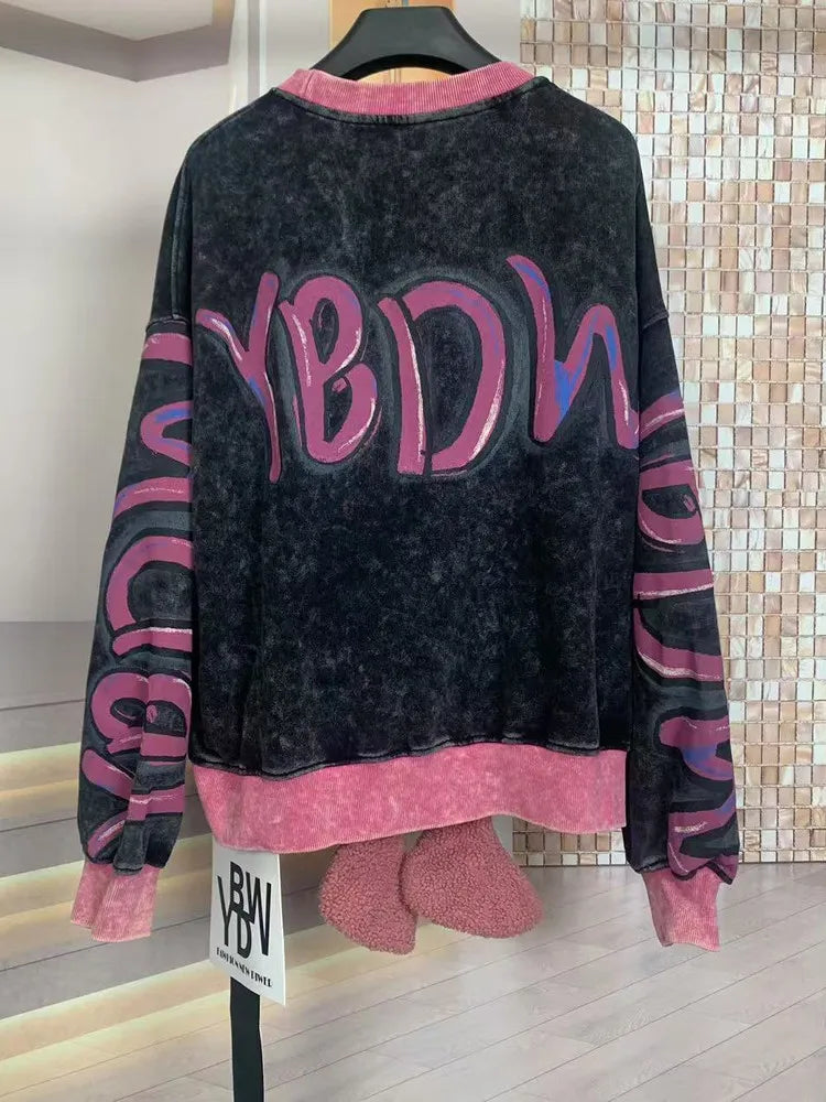 Trendy Brand Autumn Heavy Loose Embroidered Cartoon Round Neck Fashion Sweatshirt Round Neck Long Sleeve  Streetwear Women