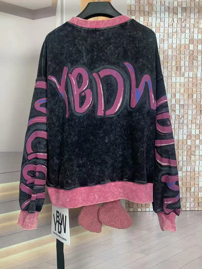 Trendy Brand Autumn Heavy Loose Embroidered Cartoon Round Neck Fashion Sweatshirt Round Neck Long Sleeve  Streetwear Women