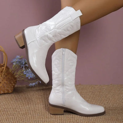 Women's Boots Fashion Pointed Toe Leather Boots Retro Embroidery Western Cowboy Boots for Women Thick Soled Mid-calf Boot Botas