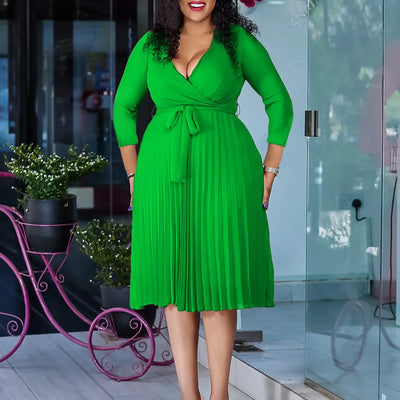 Elegant Office Dresses for Women Professional V Neck Full Sleeve Sashes Pleated Mid Calf Formal Business Work Wear Dress Midi OL