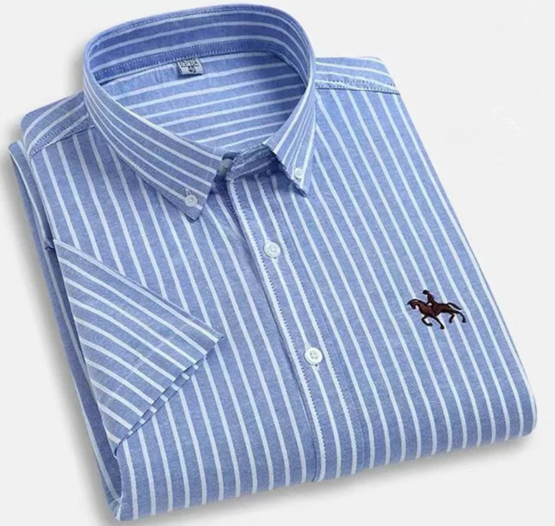 Oversized 5XL 6XL Oxford Shirts For Men 100% Cotton Short Sleeve Summer Leisure Striped Office Social Formal Blue Man Clothing