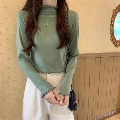 Skinny High Elastic Mock Neck Pullover Long Sleeve T-shirts For Women