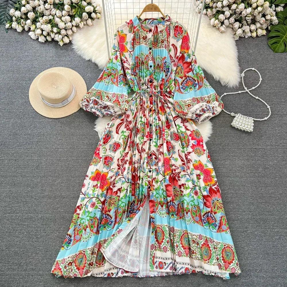 Retro Elegant Sashes O Neck Single Breasted Print Dresses Long Lantern Sleeves A-line Casual High Waist Women Autumn Clothing