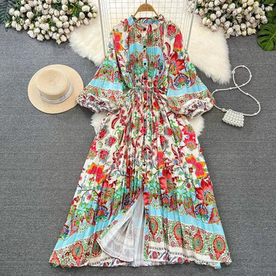 Retro Elegant Sashes O Neck Single Breasted Print Dresses Long Lantern Sleeves A-line Casual High Waist Women Autumn Clothing