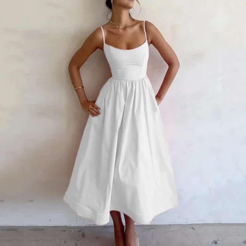 Women's Off The Shoulder Midi Dress 2024 Summer New Solid Color Sexy U-Neck Strap Large Swing Dress For Women Vestidos De Mujer