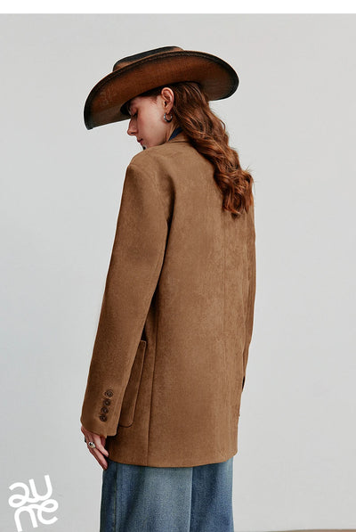 TOYOUTH Women Blazer 2025 Autumn New Barn Style Retro Brown Suede Lightweight Lapel Collar Single Breasted Button Suit Coat