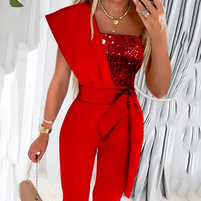 Summer Bodysuit Sexy Party Overalls Solid Sleeveless Women Jumpsuit Long Pants Rompers Lace-up Slim-fit Sequin Women's Trousers