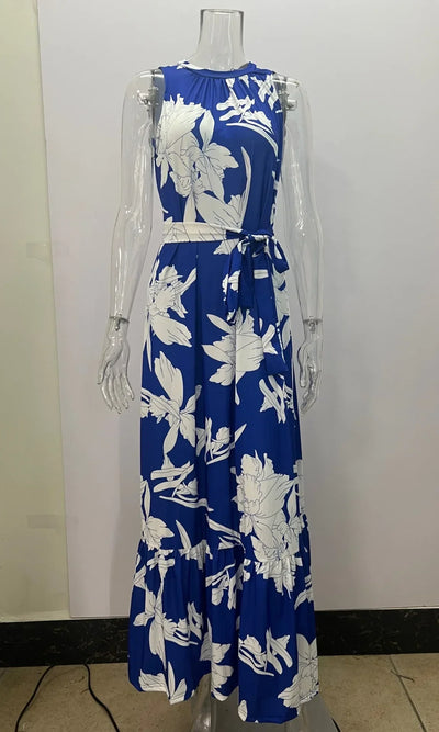2025 Women's Elegant Floral Print Long Dresses Spring Summer Lace up Print Strap Dress Holiday Beach Female Robe Vesido Mujer