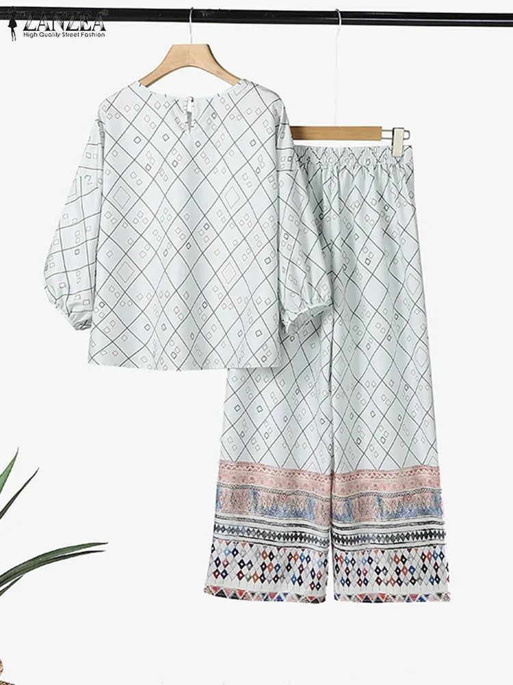 ZANZEA Fashion Women Tracksuits Summer Loose Matching Sets Bohemain Floral Printed Blouse Wide Leg Pant Sets 2pcs Work Outfits