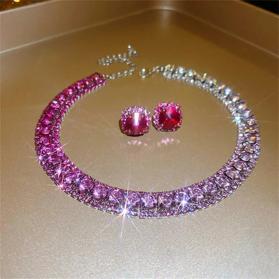 Luxury Crystal Necklace Earrings Set Pink ABcolourful Necklace for Women Weddings Party Jewelry Sets Accessories