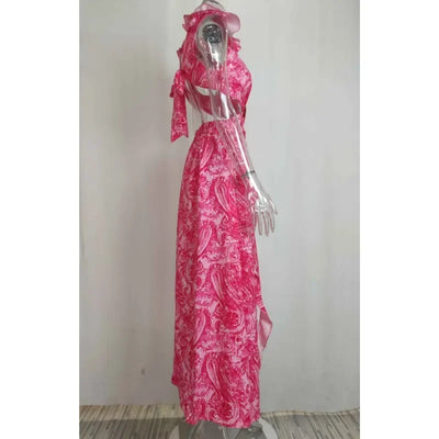 2025 Dress For Women Spring New Printed Deep V Sexy Exposed Waist Hollow Pleated Slit Long Dress Elegant Birthday Party Vestidos - Elanique