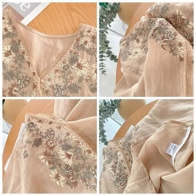 Women's Clothing Linen Blouse White V-Neck Embroidered Shourt Sleeve Loose Fit Artistic Casual Feminine Fashion