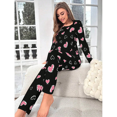 Sleepwear Women's Black Love Print Long Sleeve Trousers Student Loungewear Pajama Set Girl O-Neck Fashion Soft Casual Nightwear