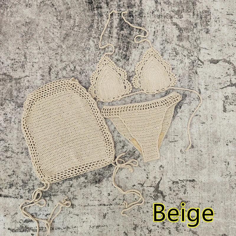 3 Piece Hand Crochet Beach Bikini Set Women Swimwear Cover UP Mini Skirt Swimsuit Suit