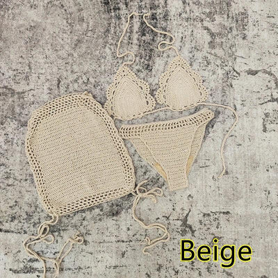 3 Piece Hand Crochet Beach Bikini Set Women Swimwear Cover UP Mini Skirt Swimsuit Suit