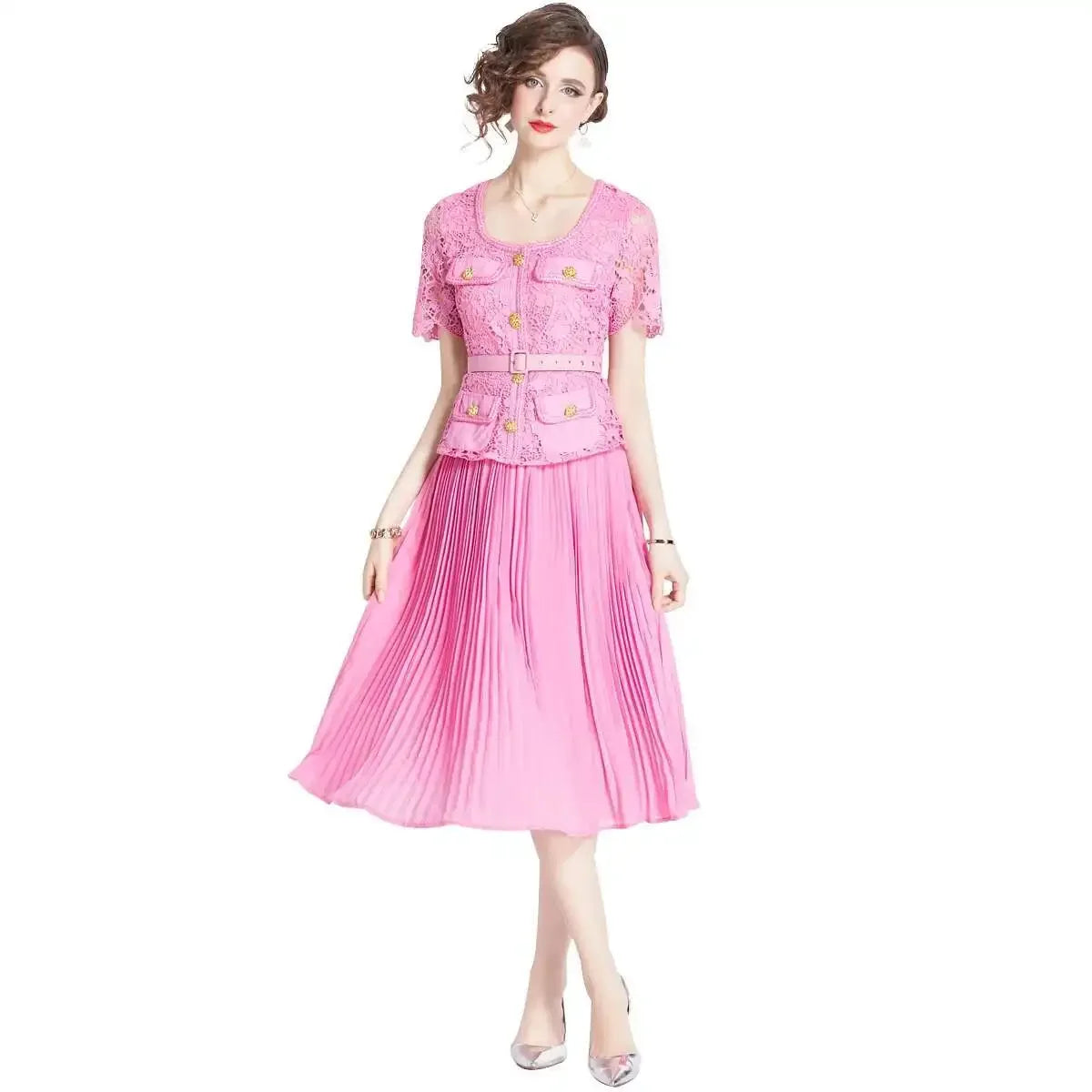 Luxury Evening Dress Women Summer Vacation Short Sleeve Pleated Lace Chiffon Long Dresses White Single Breasted Midi Party Robe