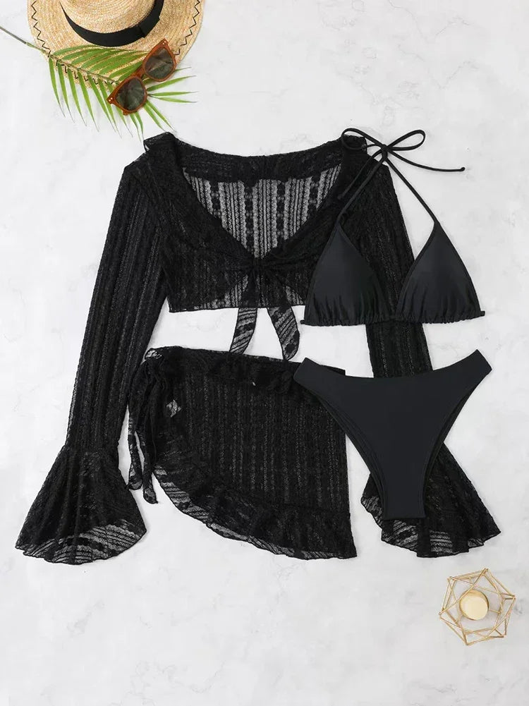 2025 Sexy Four-piece Women Swimsuit Long-sleeve Cover-up Swimwear Summer Solid Bikini Set Brazilian Beachwear Party bathing suit