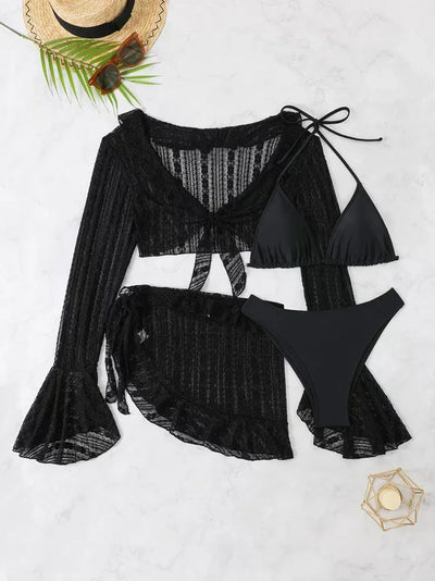 2025 Sexy Four-piece Women Swimsuit Long-sleeve Cover-up Swimwear Summer Solid Bikini Set Brazilian Beachwear Party bathing suit