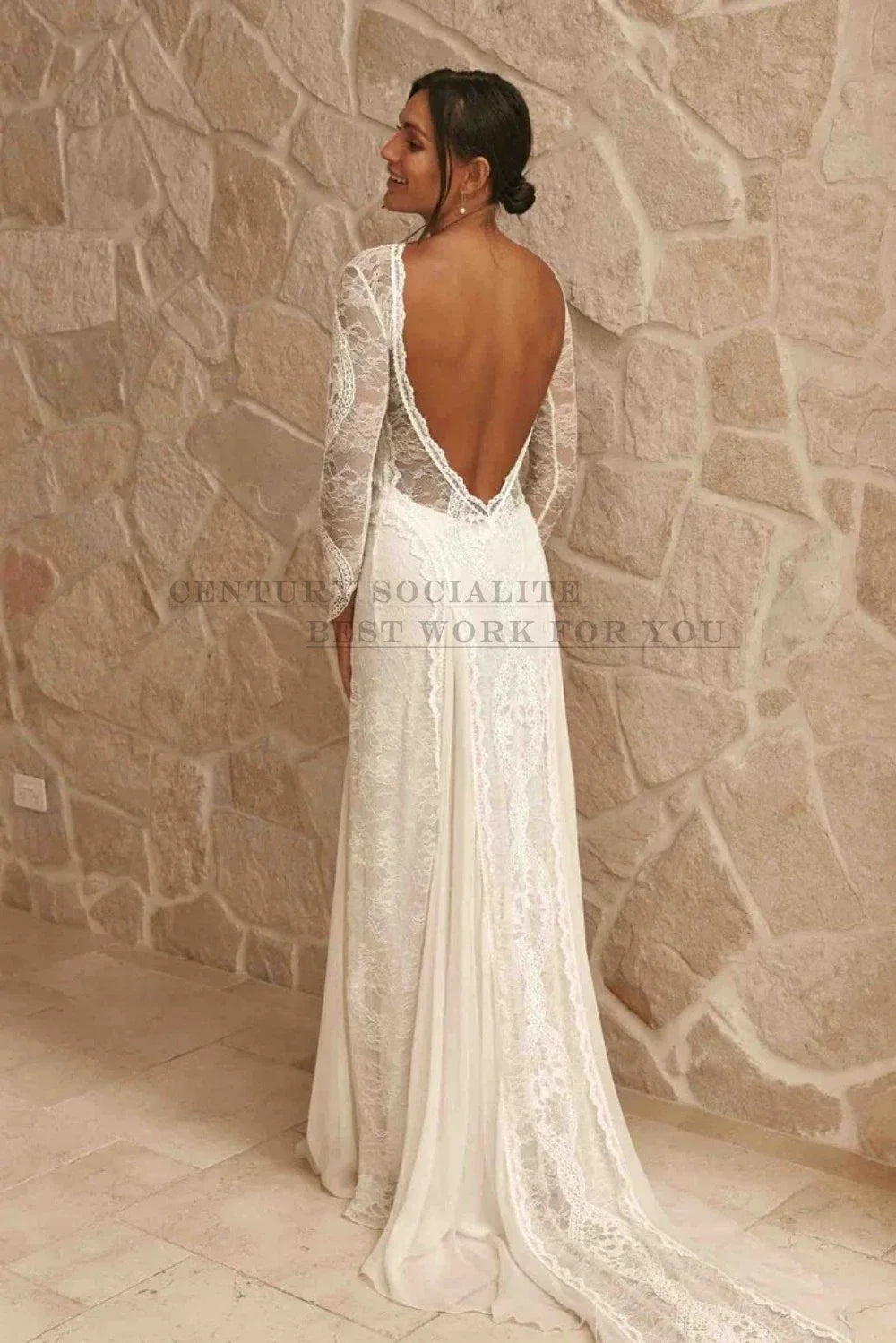 Boho Wedding Dresses 2025 Long Sleeve Backless Lace Appliques Chiffon Sheath Bohemian Bridal Gowns Beach Bride Dress Customized