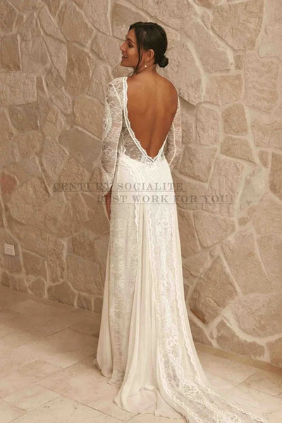 Boho Wedding Dresses 2025 Long Sleeve Backless Lace Appliques Chiffon Sheath Bohemian Bridal Gowns Beach Bride Dress Customized