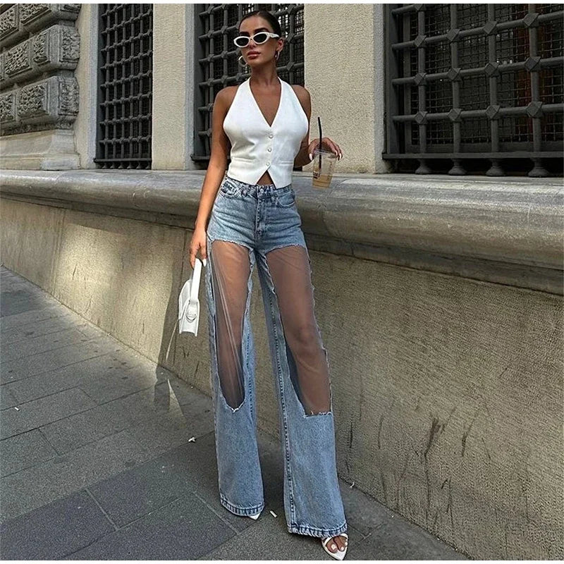 Women Fashion See Trough Jeans Y2k Pockets Pants Vintage Mesh Hollow Sheer High Waist Trousers Girls Straight Wide Leg Bottoms