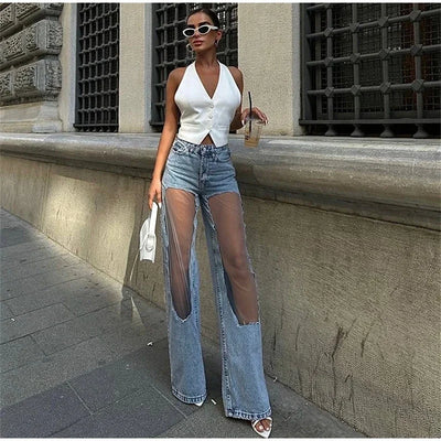 Women Fashion See Trough Jeans Y2k Pockets Pants Vintage Mesh Hollow Sheer High Waist Trousers Girls Straight Wide Leg Bottoms