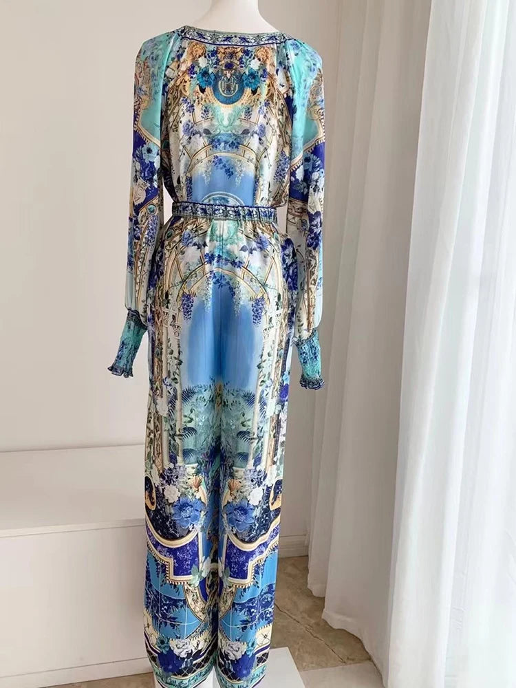 Retro women's V-neck beaded print long-sleeved Joker coat Spring and Autumn new two-piece suit+high-waist wide-leg trousers suit