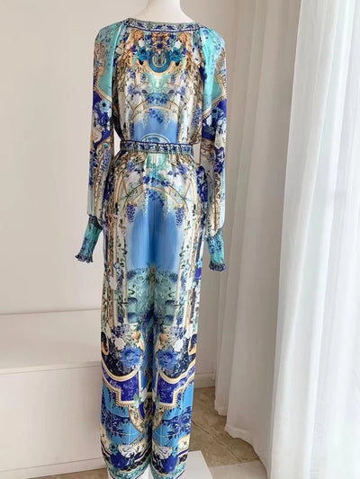 Retro women's V-neck beaded print long-sleeved Joker coat Spring and Autumn new two-piece suit+high-waist wide-leg trousers suit