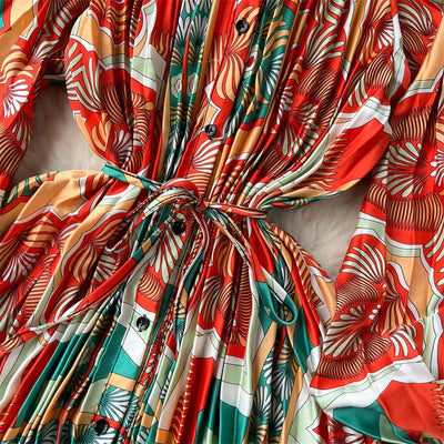 Retro Print Elegant Pleated Lantern Long Sleeve O Neck Single Breasted Dress A-line  Casual High Waist Women Summer Dresses