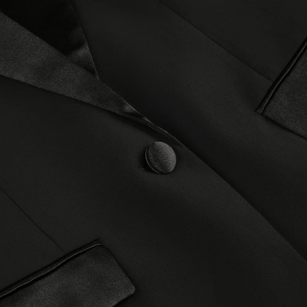 Elegant Women's Black Blazer Suit with 3D Floral Sleeve Embellishments Satin Lapel Slim Fit Two-Piece Set for Formal Party Wear