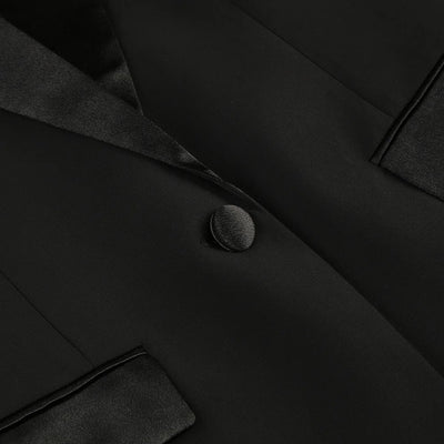 Elegant Women's Black Blazer Suit with 3D Floral Sleeve Embellishments Satin Lapel Slim Fit Two-Piece Set for Formal Party Wear