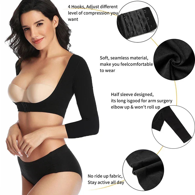 Upper Arm Shaper Post Surgical Slimmer Compression Sleeves Posture Corrector Tops Shapewear for Women 3/4 Sleeve Crop Top Nude