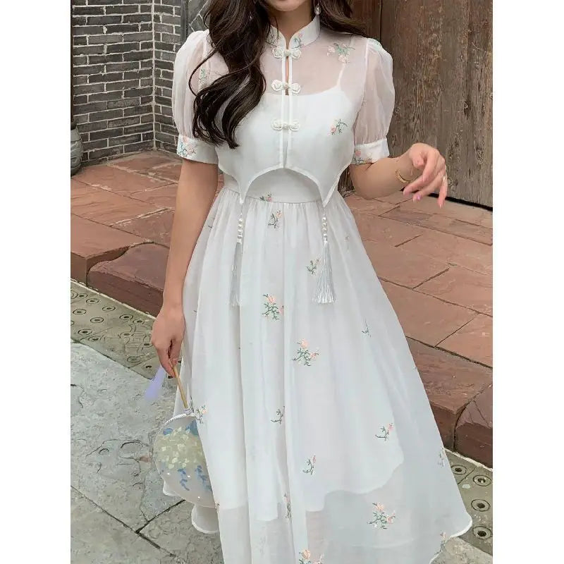 Dress Sets Summer Women Chinese Style Floral Hight Waist Mesh Midi Dresses Elegant Casual Gentle Wind Female Dress Vestidos