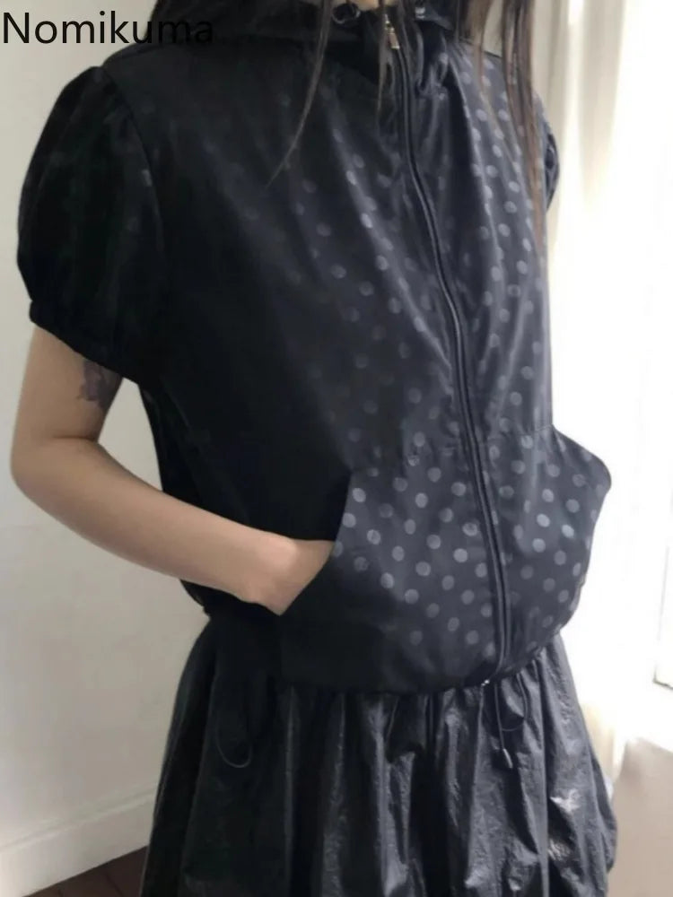 Streetwear Summer Coat for Women 2025 Ropa Mujer Short Sleeve Zipper Hooded Polka Dot Vintage Y2k Tops Casual Thin Jacket 27x969