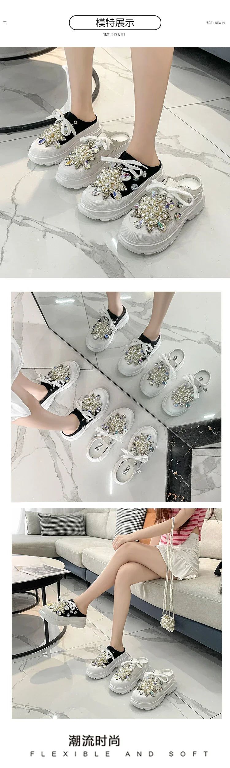 Spring New Women Sneakers Slipper Designer Platform Mules Flat Sandal Sweet Casual Lace Up Pearl Crystal Shallow Ladies Shoes