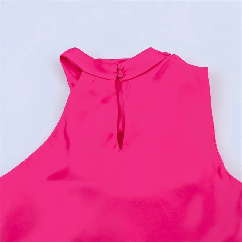 Women's Dress New Summer 2025 Rose Red Silk Satin Textured Sleeveless Midi Dress Asymmetrical Design Elegant temperament