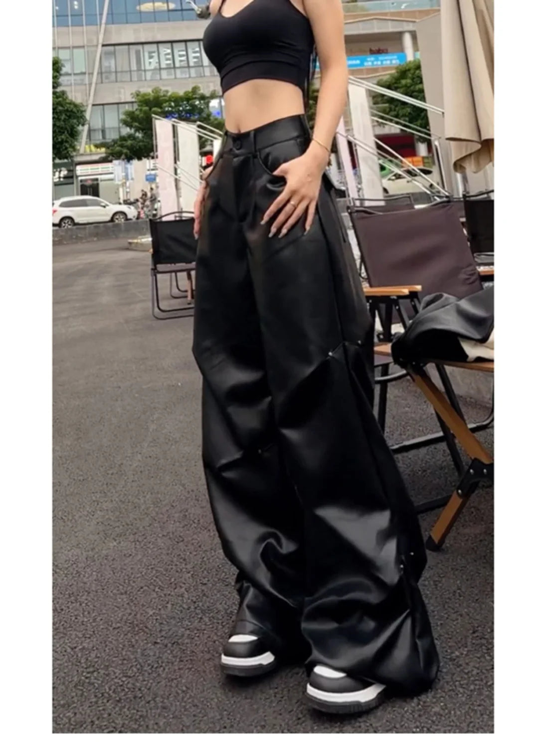Fashionable Wide Leg Pants for Spring and Autumn Women's New High Waisted Straight Leg Loose Floor Length Casual Leather Pants