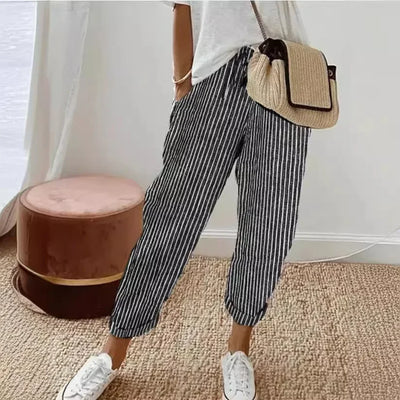 2025 New Women's Trousers Stripes Casual Loose Fashion Elastic Waist Pocket Straight Basic Pants