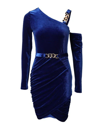 Women Evening Dress 2024 Autumn Winter Latest Sexy Velvet One Shoulder Chain Ruched Mini Dress Skinny Wedding Guest Short Skirt